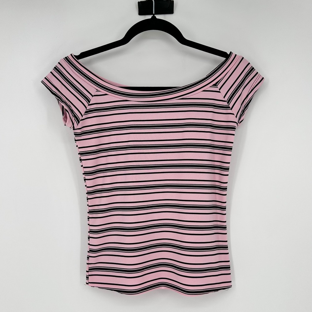 Y2K Candy Rain Pink Black Stripe Off The Shoulder Cap Sleeve Top Stretchy VTG M